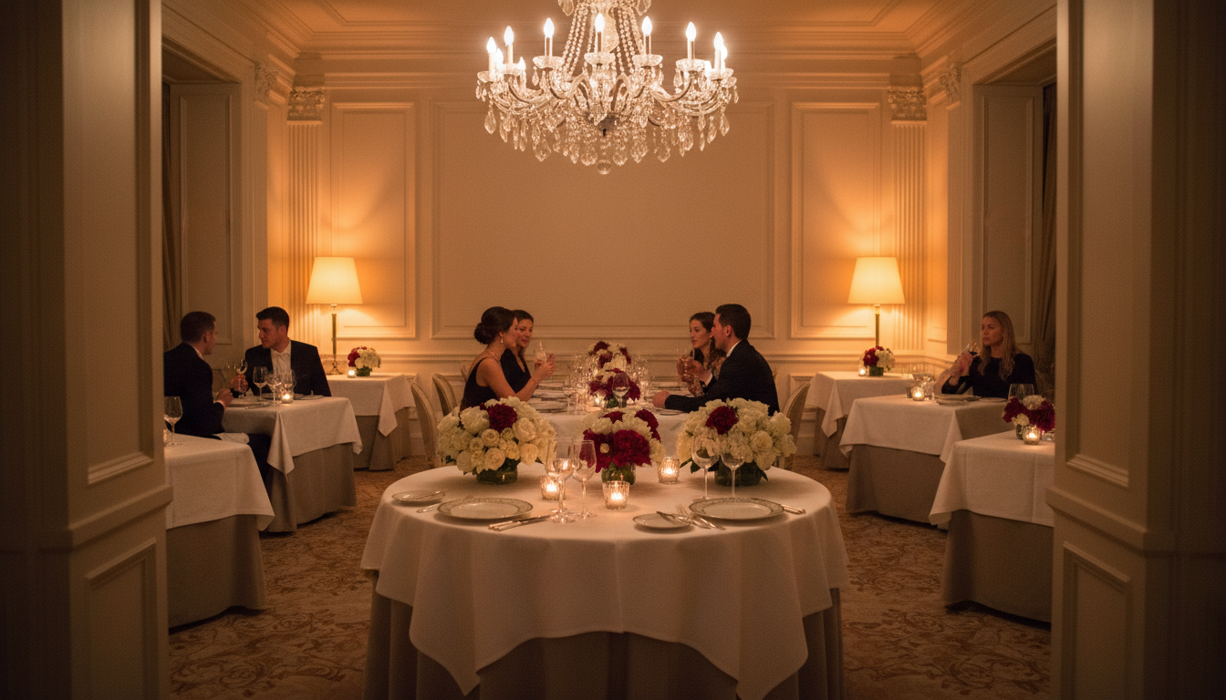Elegant formal dining room with amber-lit walls, crystal chandelier, white linens, and guests enjoying refined dining experience Elegant formal dining room with amber-lit walls, crystal chandelier, white linens, and guests enjoying refined dining experience