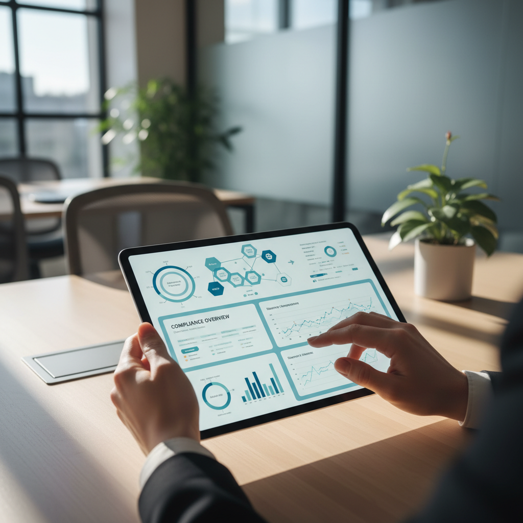 Compliance specialist reviewing digital quality management dashboards and regulatory data on tablet in modern office