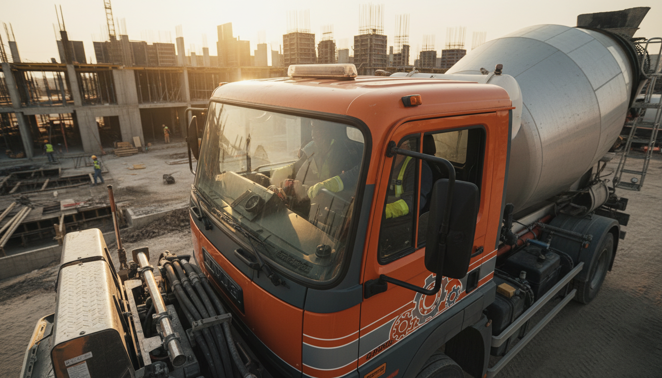 Towable mixers are ideal for medium-sized projects like patios and walkways. A professional gas-powered towable concrete mixer positioned on a residential construction site ready for a pour.