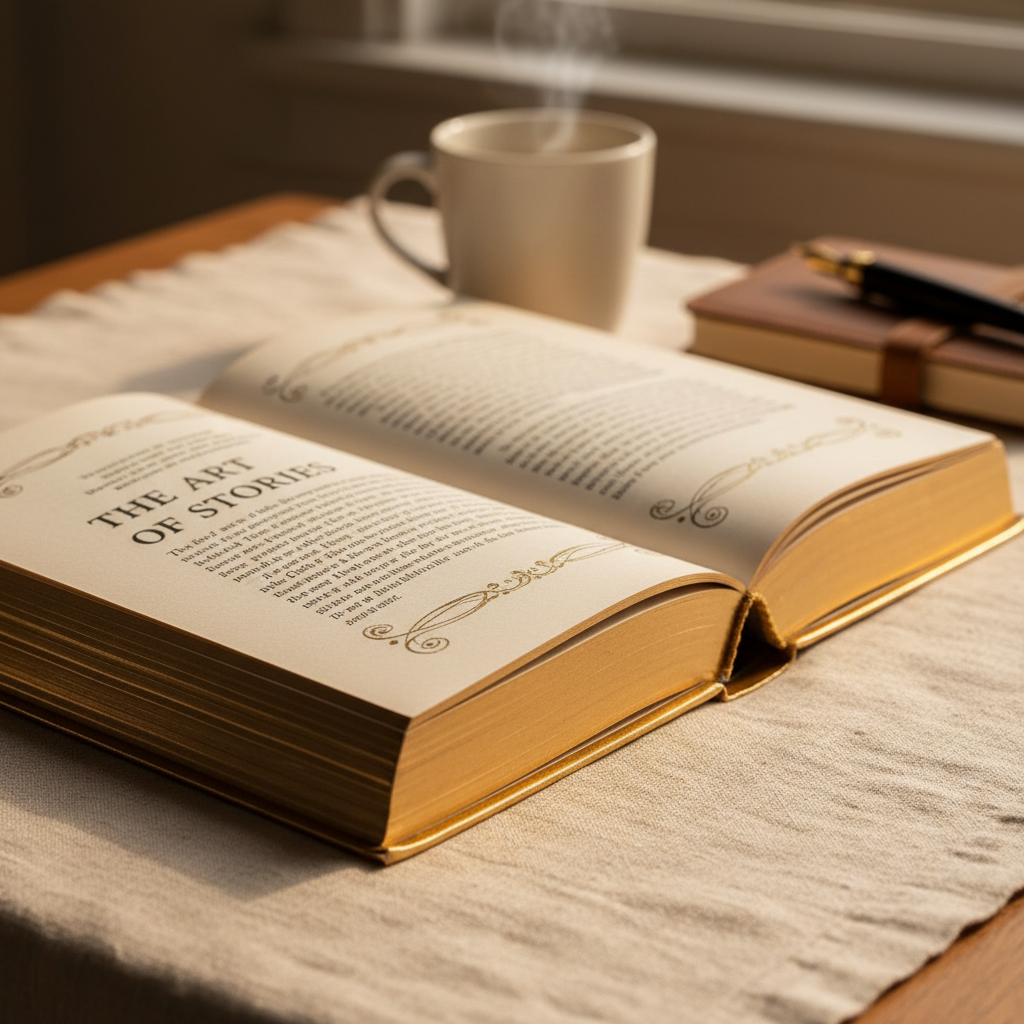 Luxury hardcover book with embossed details and gilded edges open on linen with warm sunlight highlighting premium paper quality Luxury hardcover book with embossed details and gilded edges open on linen with warm sunlight highlighting premium paper quality