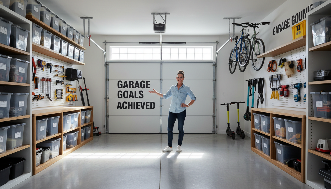 Transformed garage with organized shelving, storage bins, and pegboards, professional organizer standing in clean, functional space Transformed garage with organized shelving, storage bins, and pegboards, professional organizer standing in clean, functional space