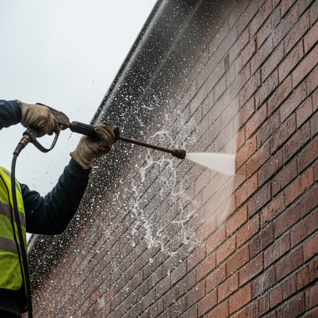 person using power washer