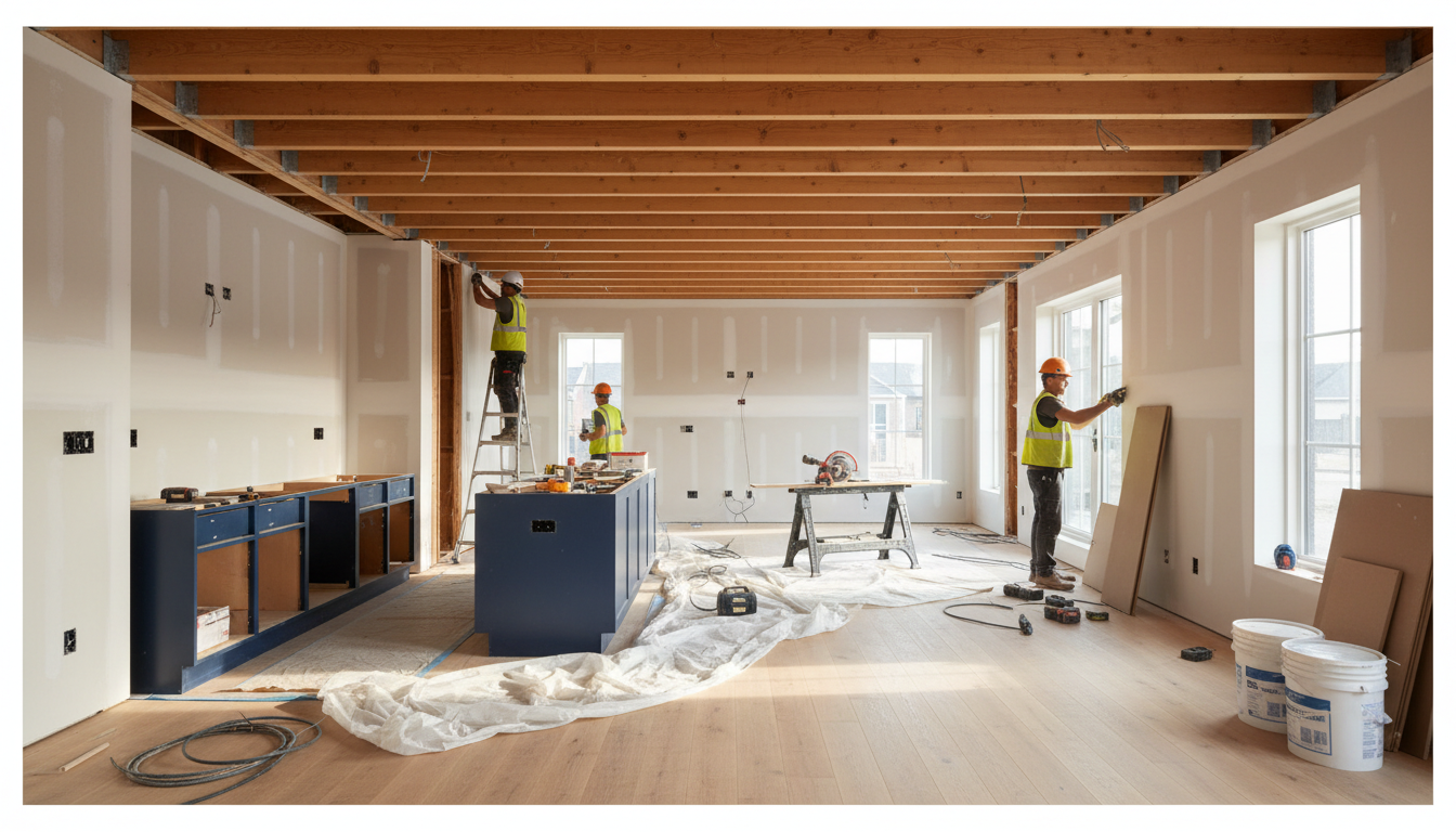 Residential home interior during mid-stage remodeling showing open-concept renovation with workers and new installations Residential home interior during mid-stage remodeling showing open-concept renovation with workers and new installations