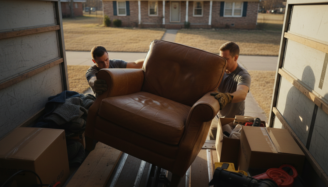 Bulky items like sofas and mattresses often require a two-person crew for safe removal. Two workers lifting a large piece of furniture into a junk removal truck on a residential driveway.