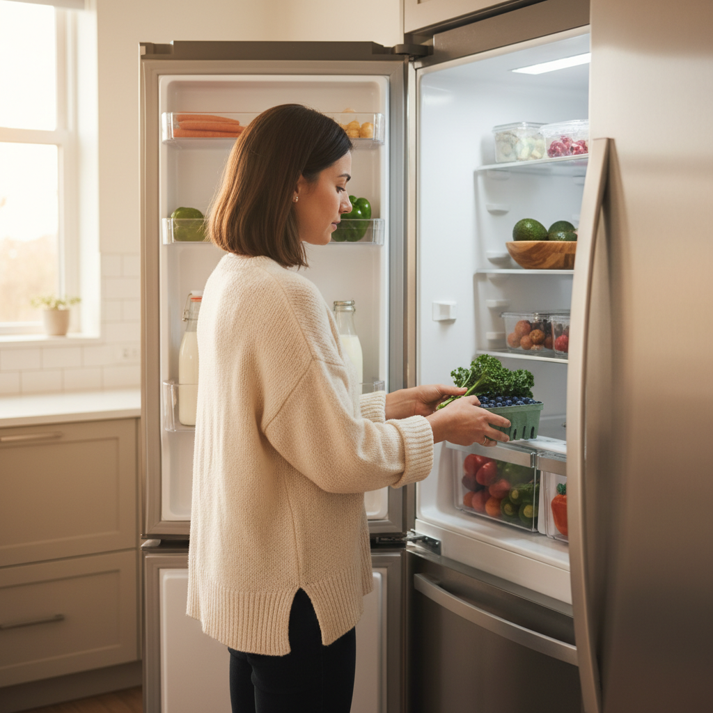 Woman placing fresh vegetables into organized stainless steel refrigerator in modern kitchen setting Woman placing fresh vegetables into organized stainless steel refrigerator in modern kitchen setting