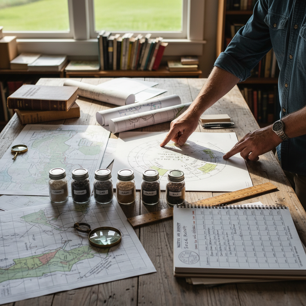 Overhead view of farm planning workspace with crop rotation maps, soil samples, calendars, and planning documents Overhead view of farm planning workspace with crop rotation maps, soil samples, calendars, and planning documents
