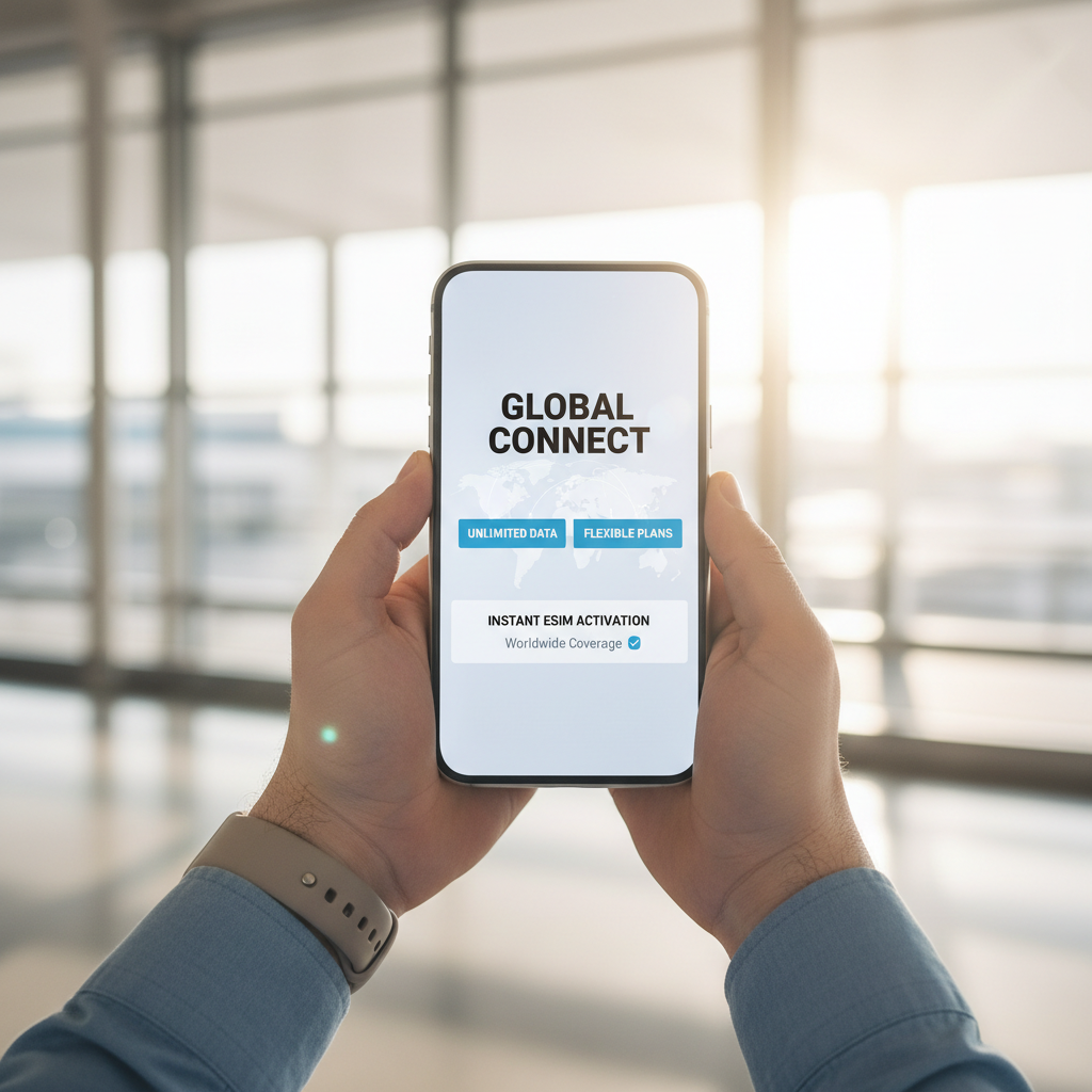 Traveler's hands holding smartphone displaying mobile connectivity activation screen in sunlit airport terminal