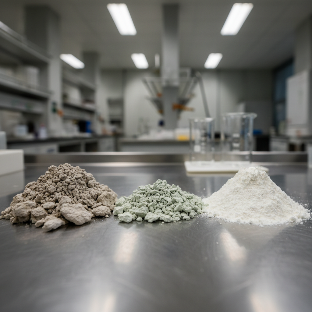 Close-up of bentonite clay samples in various stages of refinement on laboratory bench, showing texture and color variations
