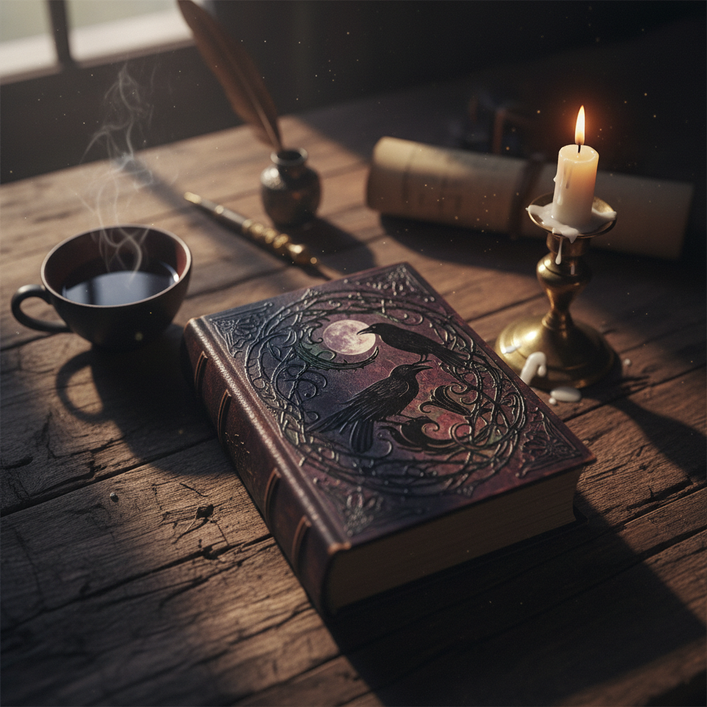 Open dark fantasy book with ornate cover beside flickering candle and tea cup on wooden desk Open dark fantasy book with ornate cover beside flickering candle and tea cup on wooden desk