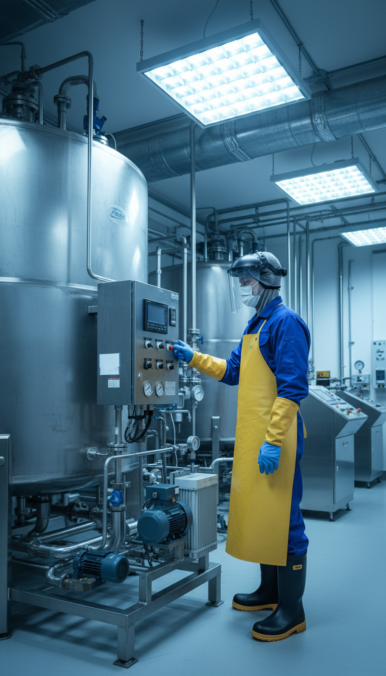 Technician in full protective gear standing beside large industrial chemical treatment tank with monitoring equipment and filtration systems Technician in full protective gear standing beside large industrial chemical treatment tank with monitoring equipment and filtration systems
