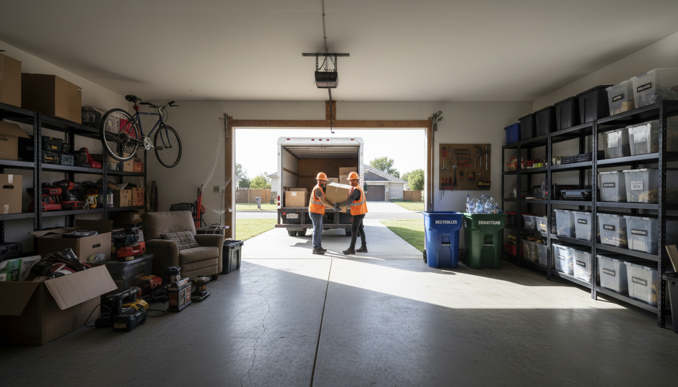 The job isn't done until the site is swept clean and ready for your new kitchen or bath installation. A crew member sweeps a garage floor after a successful haul away project, with a loaded trailer visible in the background.