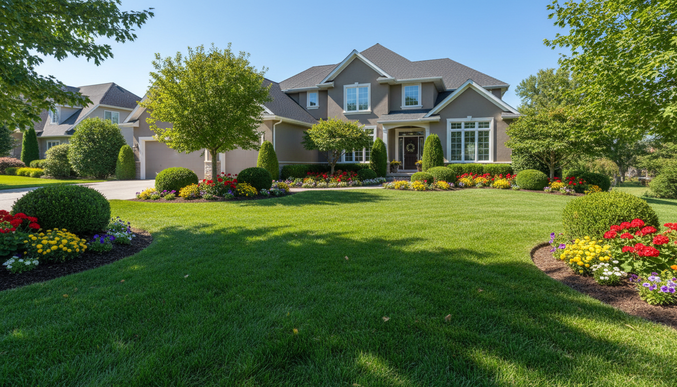 Well-maintained residential front yard featuring manicured lawn, edged borders, flowering beds, and ornamental landscaping in bright sunlight