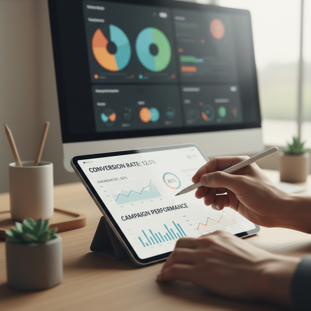 Marketing strategist analyzing campaign analytics on tablet with performance metrics displayed