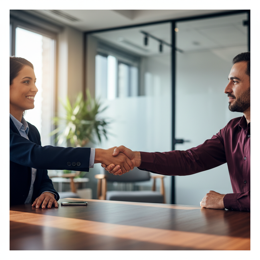 Disciplined leadership begins with self discipline in health and fitness. Professional business partners shaking hands in a modern office with warm lighting.