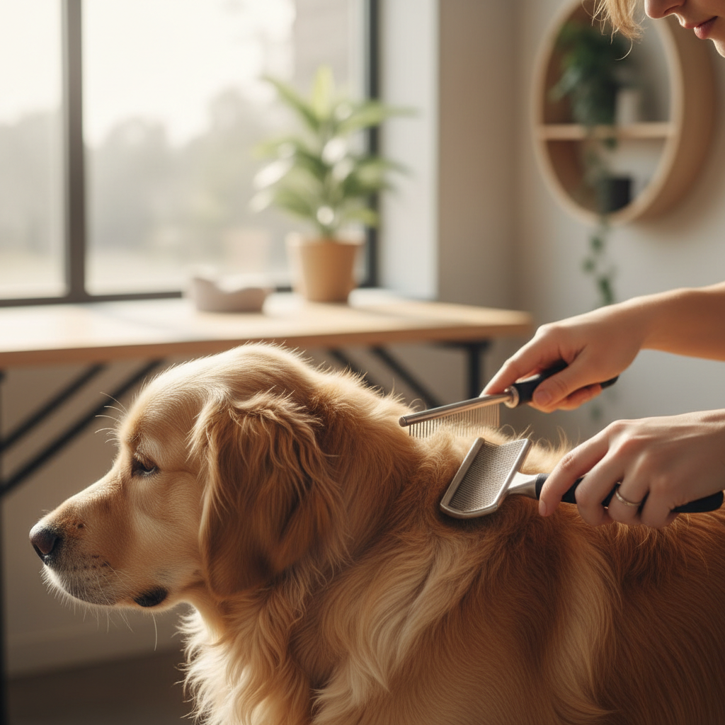 Groomer's hands gently brushing golden retriever's coat in natural sunlight during professional grooming session Groomer's hands gently brushing golden retriever's coat in natural sunlight during professional grooming session