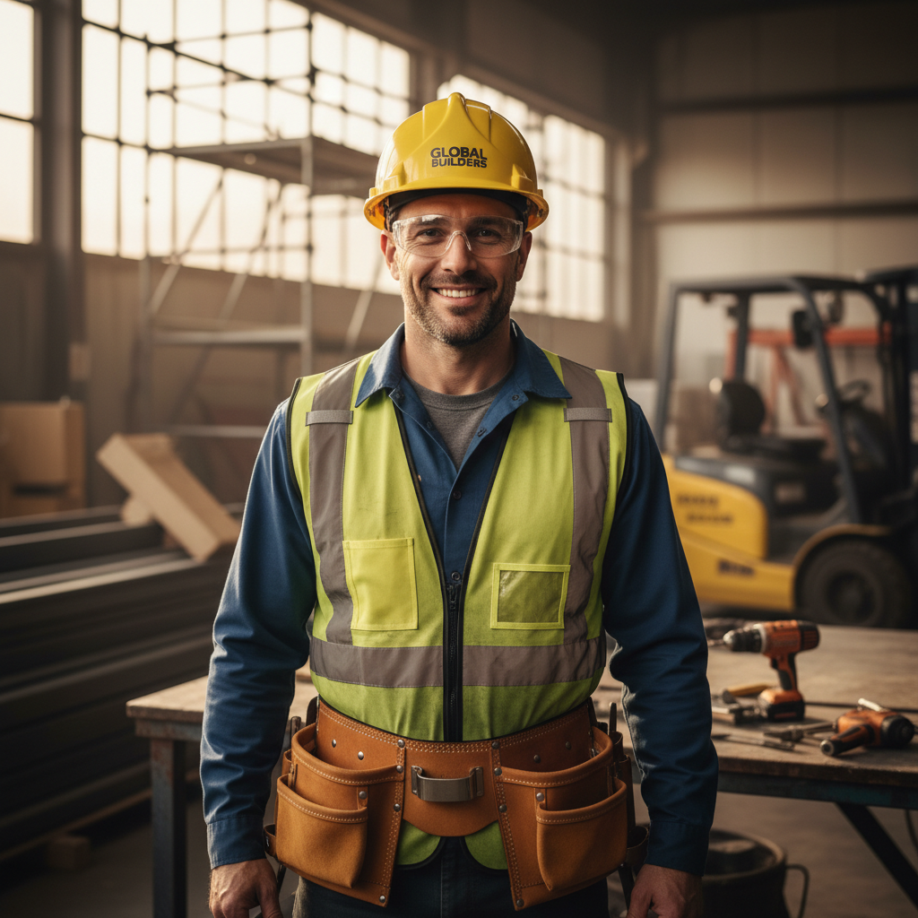 Confident construction worker wearing hard hat and safety gear smiling at camera in industrial workplace setting