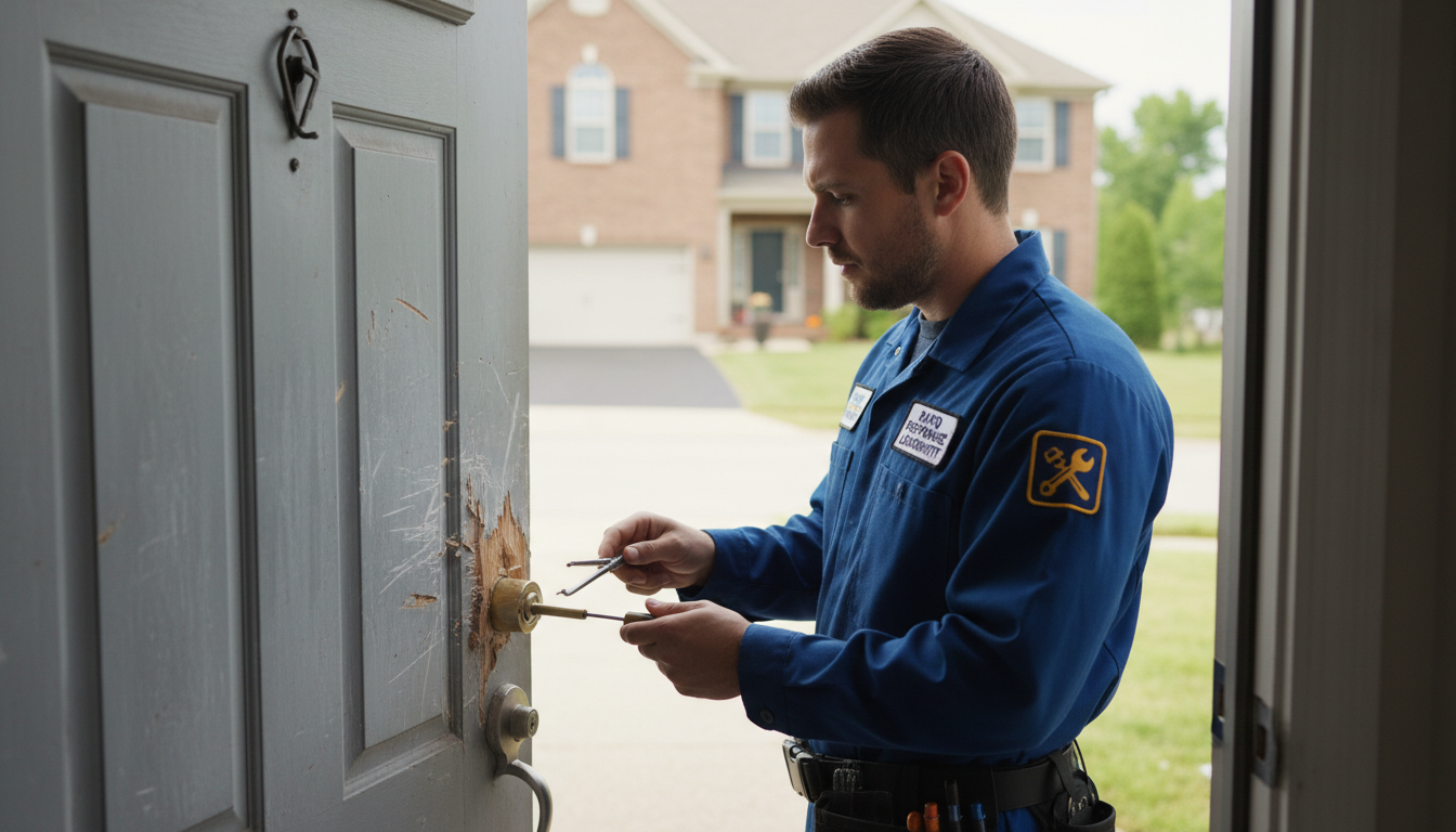 A few interim steps can protect your home while help is on the way. Homeowner using a door brace to temporarily secure a door that will not close properly