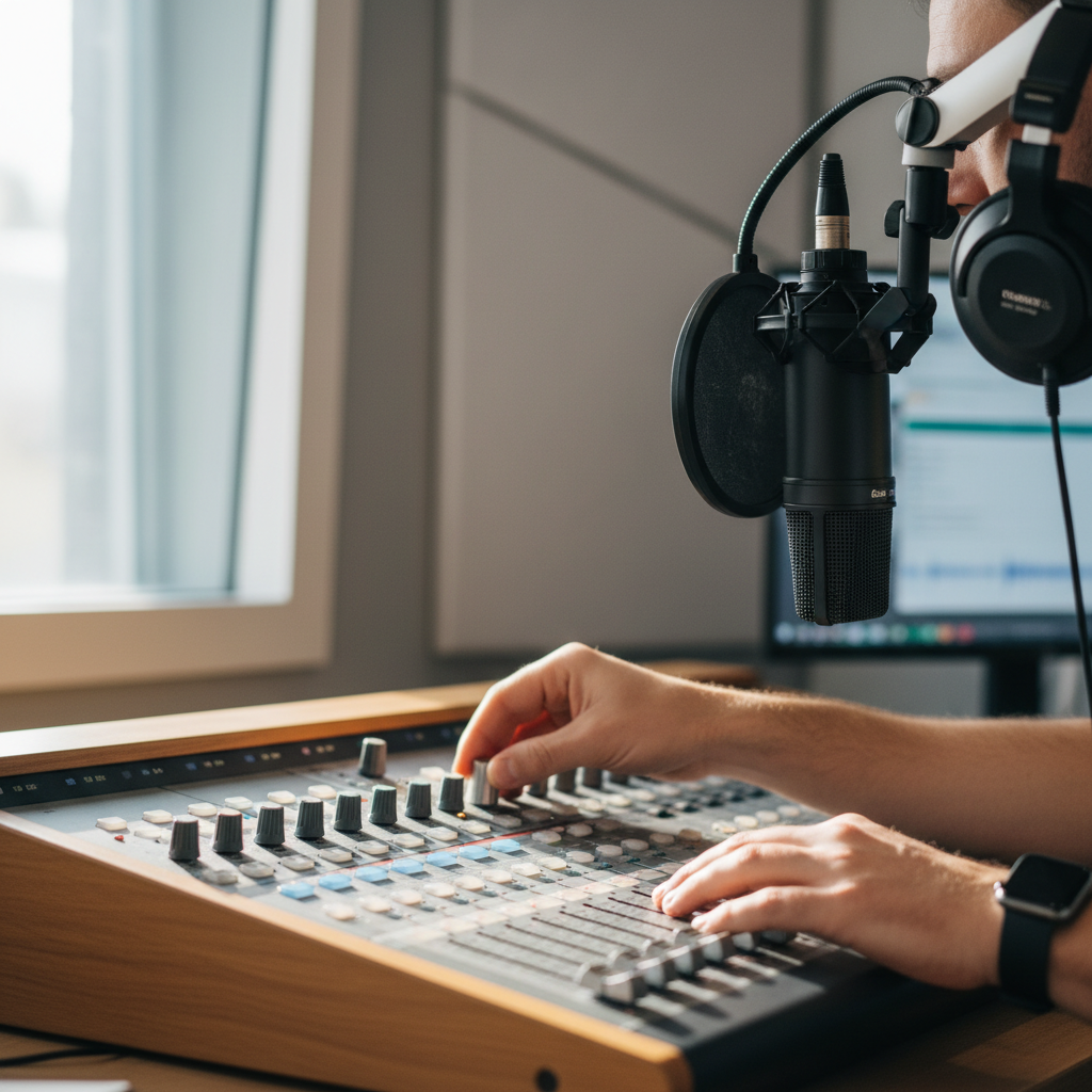 Radio host's hands adjusting microphone and mixing console levels during live studio broadcast