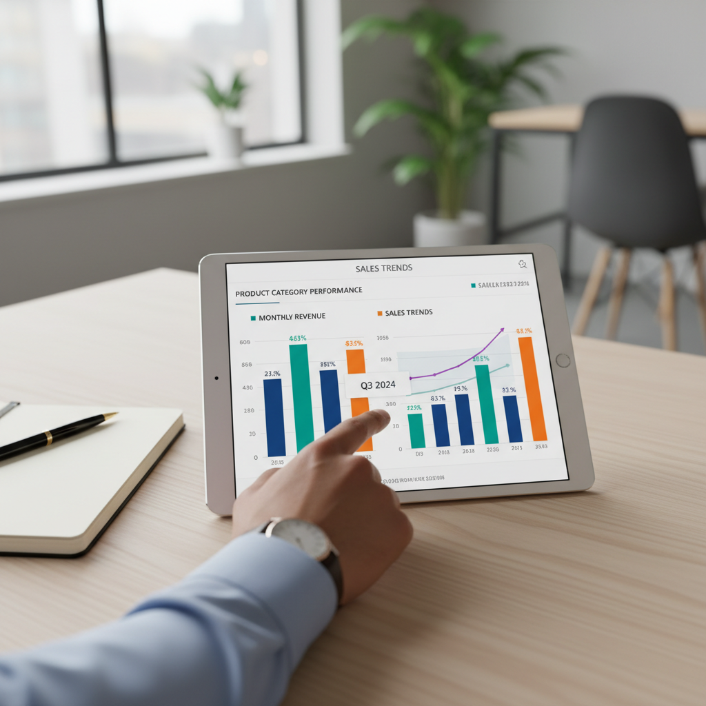 Retail buyers live in the data: your margins and sell-through rates must align with their category goals. A data analytics dashboard on a tablet showing retail metrics and inventory levels used by buyers.