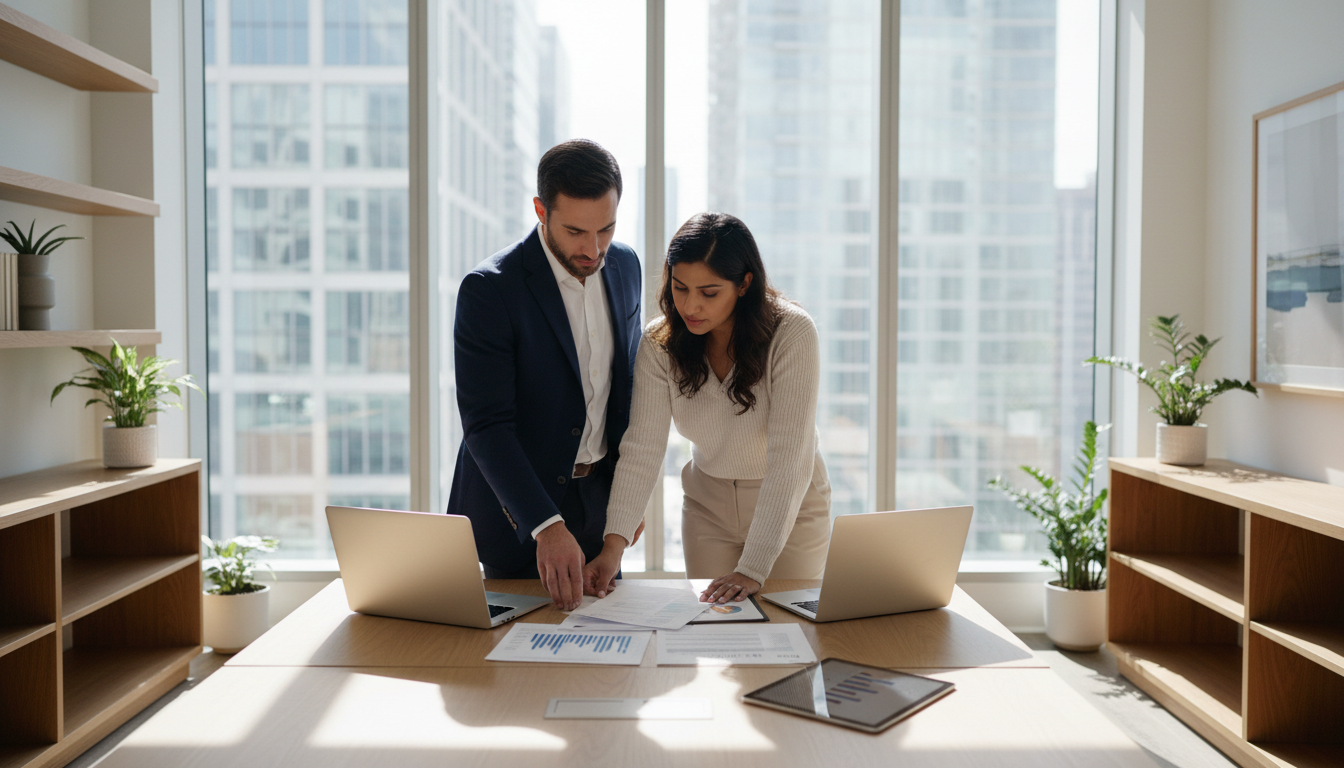 Two professionals reviewing business documents and laptops together at a modern wooden desk with natural light Two professionals reviewing business documents and laptops together at a modern wooden desk with natural light