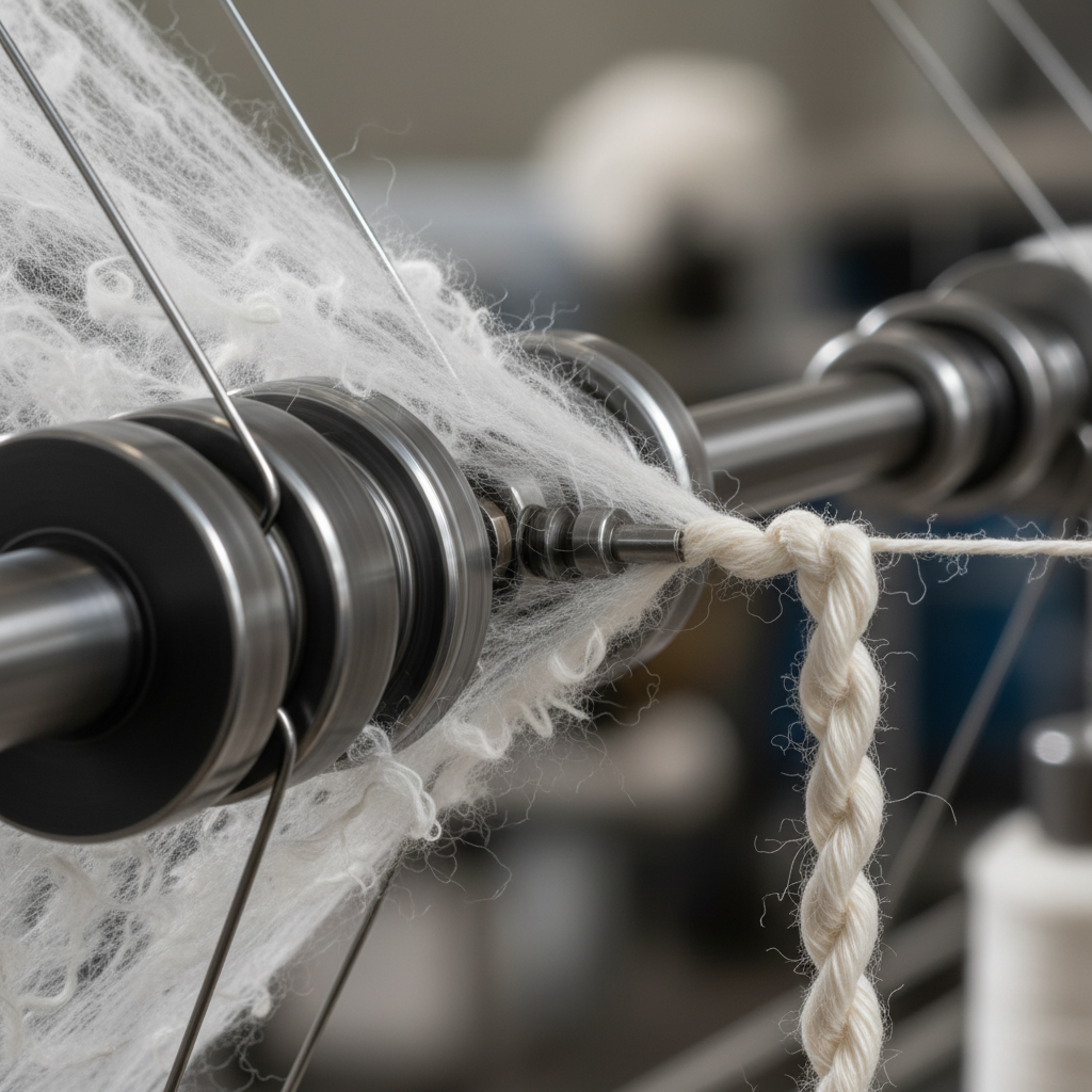 Extreme close-up of cotton fibers being twisted into yarn on active spinning frame, showing mechanical precision
