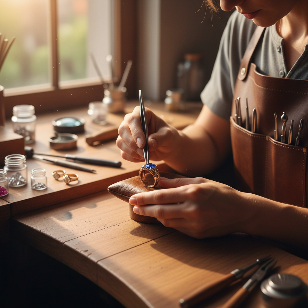 The precision behind every twist makes these pieces sophisticated enough for any professional setting. A jeweler's workbench with pliers, wire cutters, and various completed wire-wrapped pendants and earrings on a leather mat.
