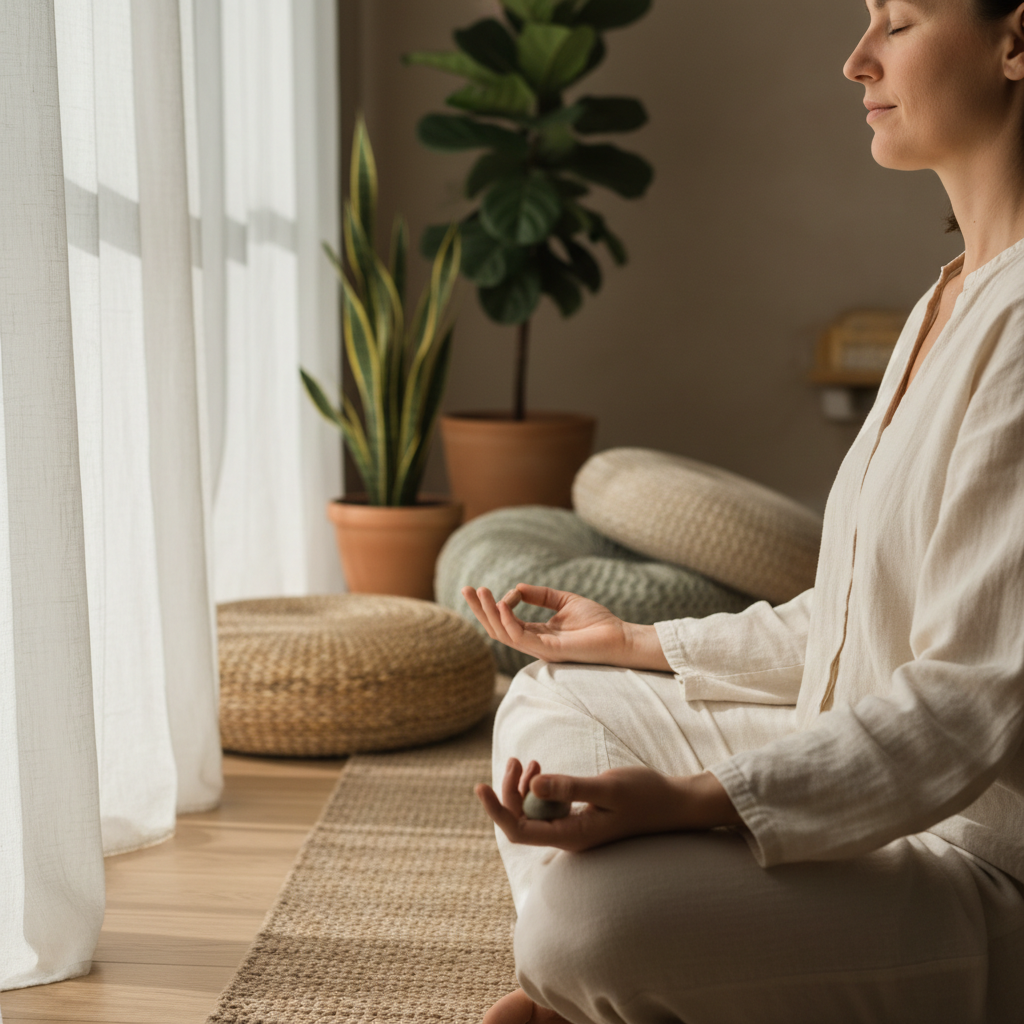Simple practices like seated breathwork can be done anywhere without special equipment. A young teen sitting cross-legged on a mat with eyes closed and a genuine smile.