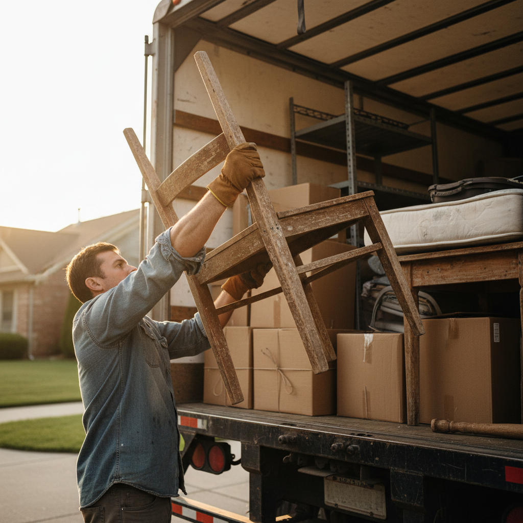 Professional cleanouts save hours of labor and multiple trips to local North Texas landfills. A wide shot of a worker clearing a cluttered residential garage and loading boxes into a truck.