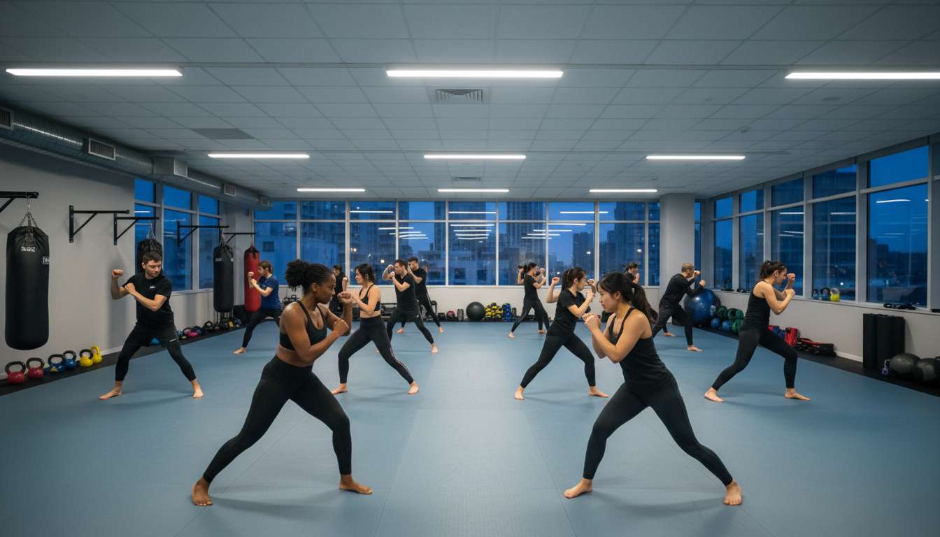 Wide view of diverse group self-defense class with students practicing partner drills in modern gym with city skyline visible