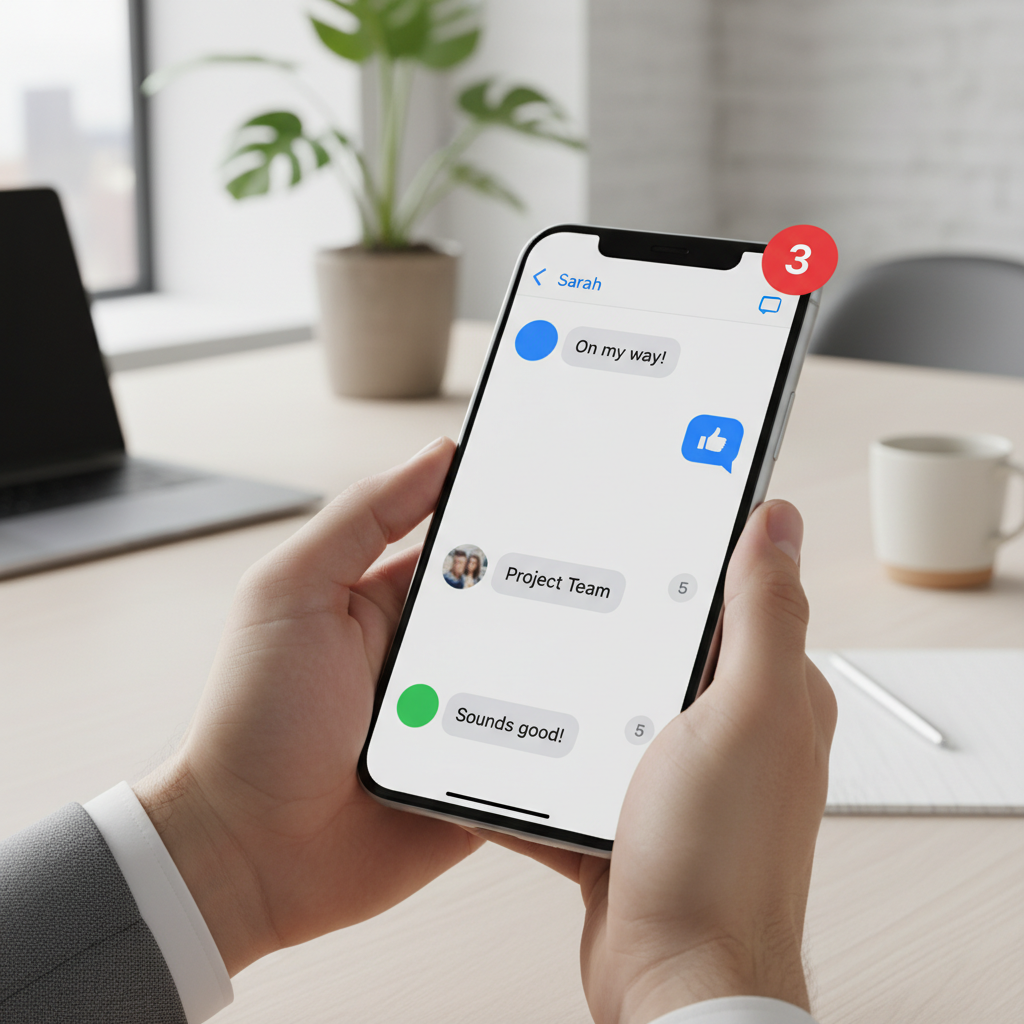 Professional holding smartphone displaying messaging interface with active chat conversations and notifications on modern desk