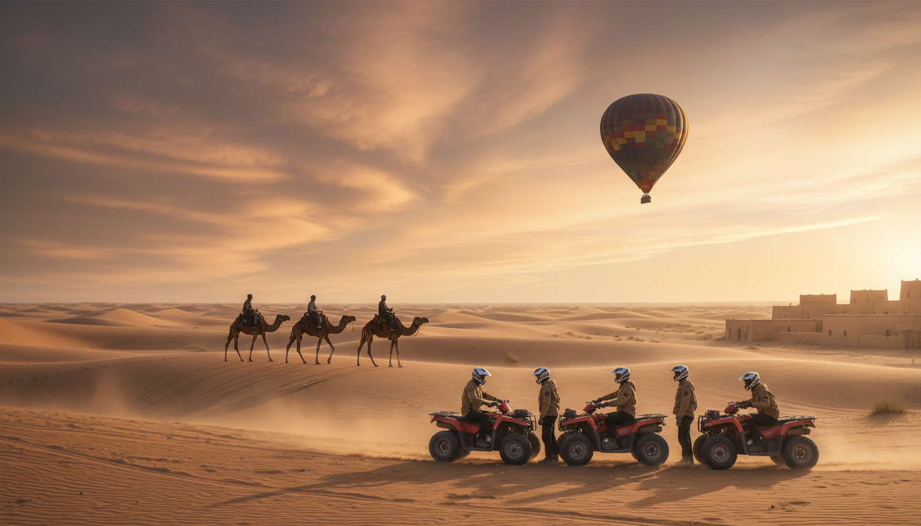 Desert landscape showing multiple adventure activities including quad biking, camel trekking, and hot air balloon rides happening simultaneously at golden hour