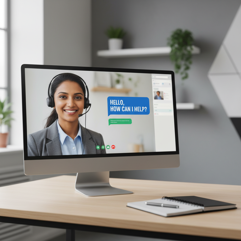 Customer service representative engaged in professional video call with helpful expression at modern workspace Customer service representative engaged in professional video call with helpful expression at modern workspace