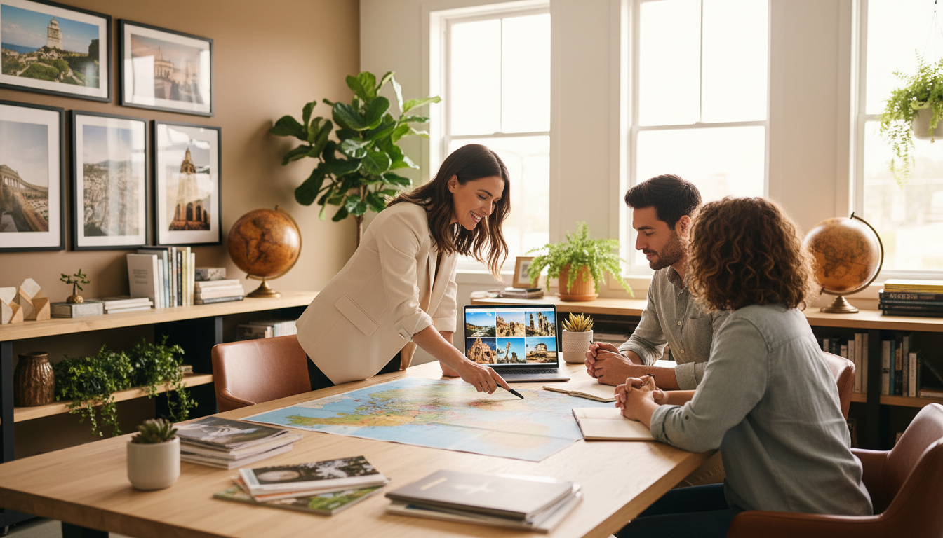 Collaborating with a professional ensures your trip matches your unique vision. Travel advisor smiling while showing vacation destinations on a tablet to a happy couple in an office
