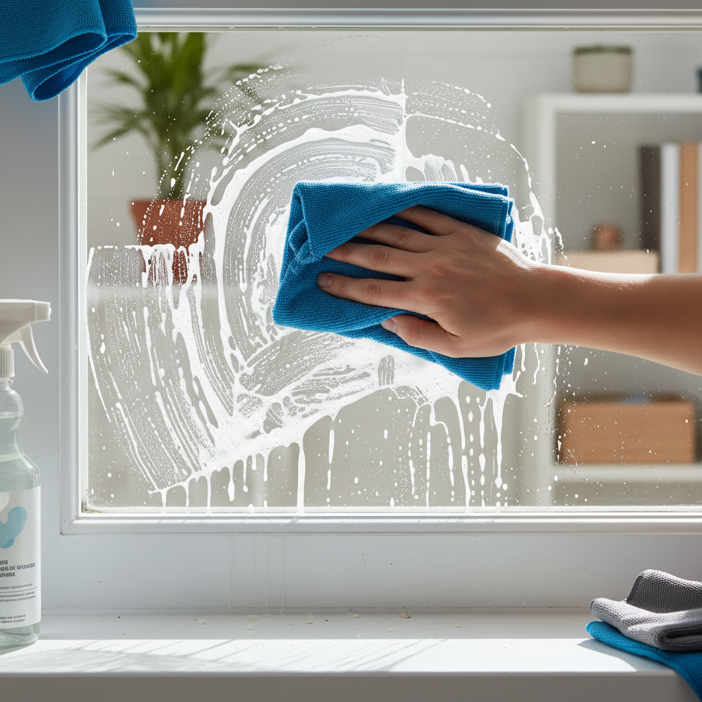 person cleaning window