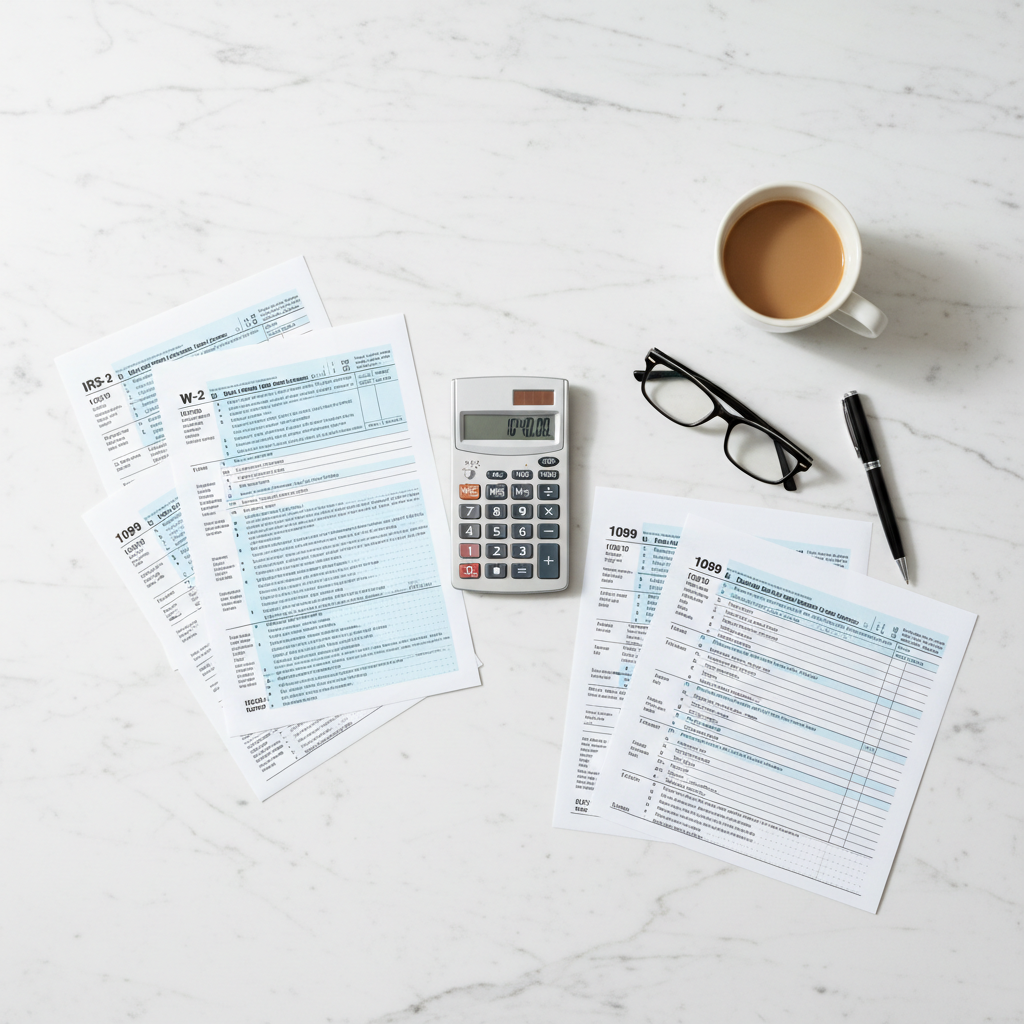 Overhead arrangement of tax documents, calculator, glasses, and coffee cup on marble surface Overhead arrangement of tax documents, calculator, glasses, and coffee cup on marble surface