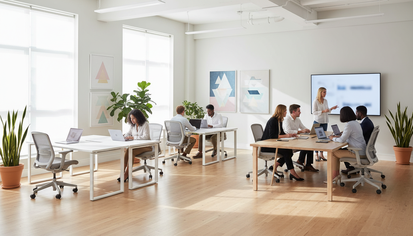 Commercial spaces require specialized schedules to ensure a professional look for clients and employees. Professional cleaner wiping a glass partition in a modern office space with natural light.
