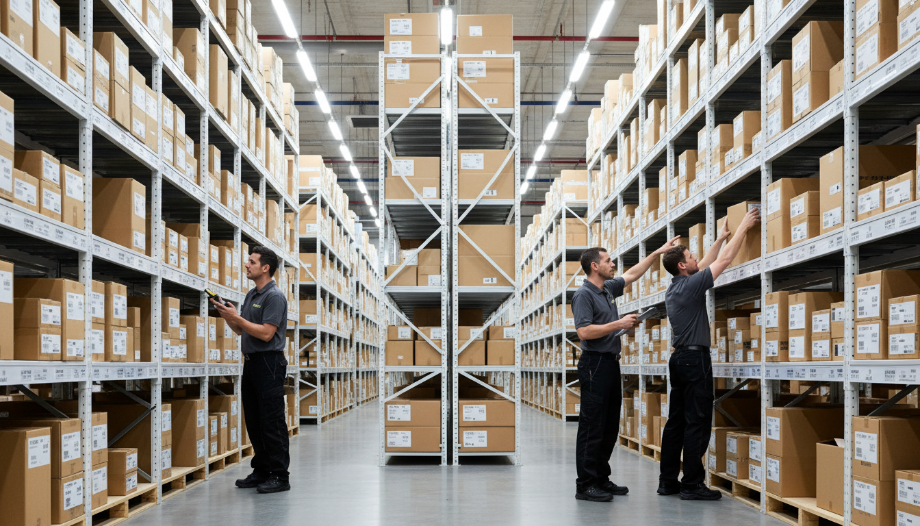 Warehouse staff scanning barcodes and organizing products on shelving in organized inventory storage facility Warehouse staff scanning barcodes and organizing products on shelving in organized inventory storage facility