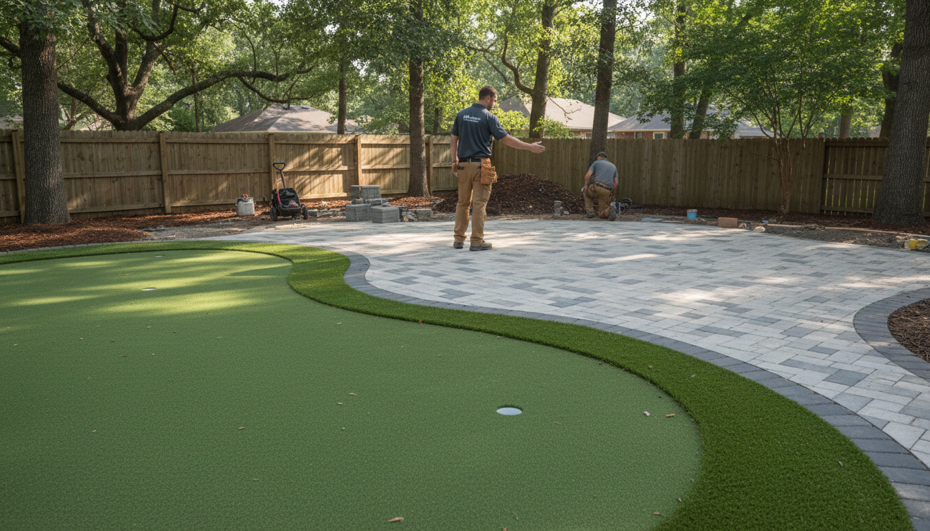Wide view of residential backyard with newly installed synthetic turf putting green and concrete paver patio during transformation project