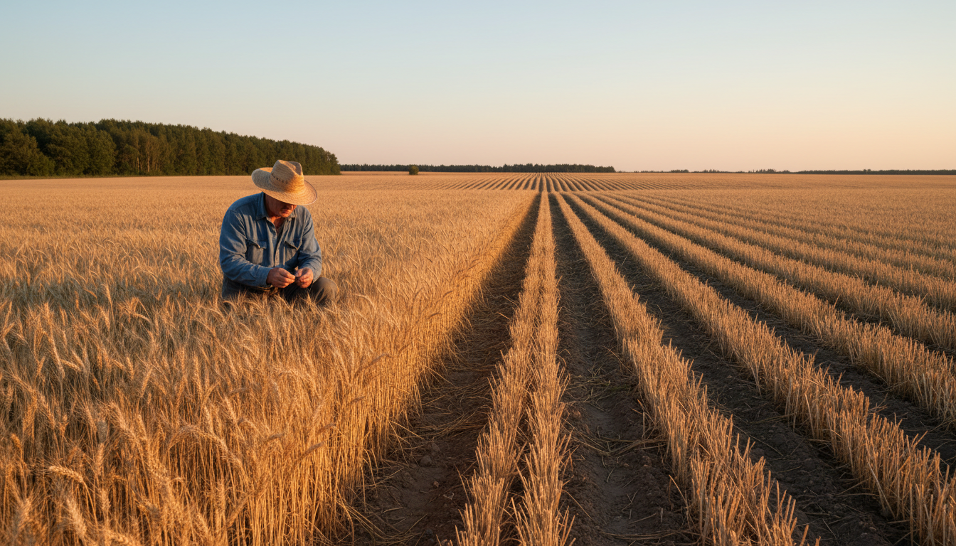 Farmer in wide-brimmed hat inspecting mature grain crops in expansive rural farmland during golden afternoon light Farmer in wide-brimmed hat inspecting mature grain crops in expansive rural farmland during golden afternoon light