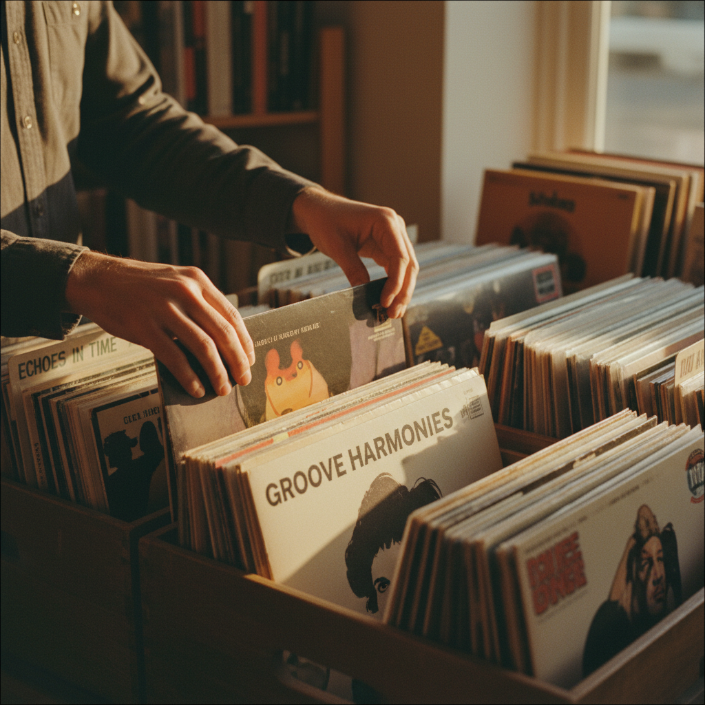 Collector's hands flipping through vinyl records in wooden crates, showcasing album covers and textures in warm natural light Collector's hands flipping through vinyl records in wooden crates, showcasing album covers and textures in warm natural light