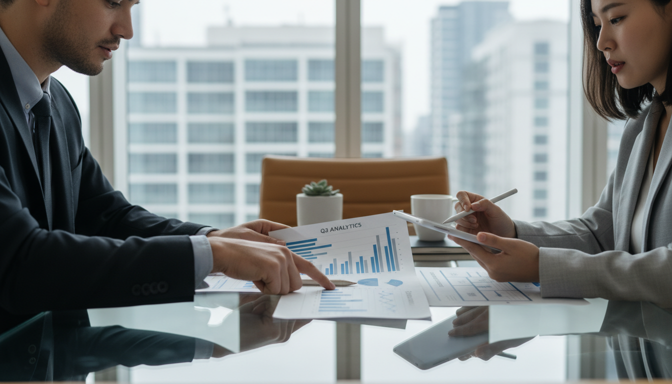Professional guidance makes the transition from spreadsheets to CRM seamless and secure. A business consultant meeting with a client to review a system implementation strategy in a modern office.