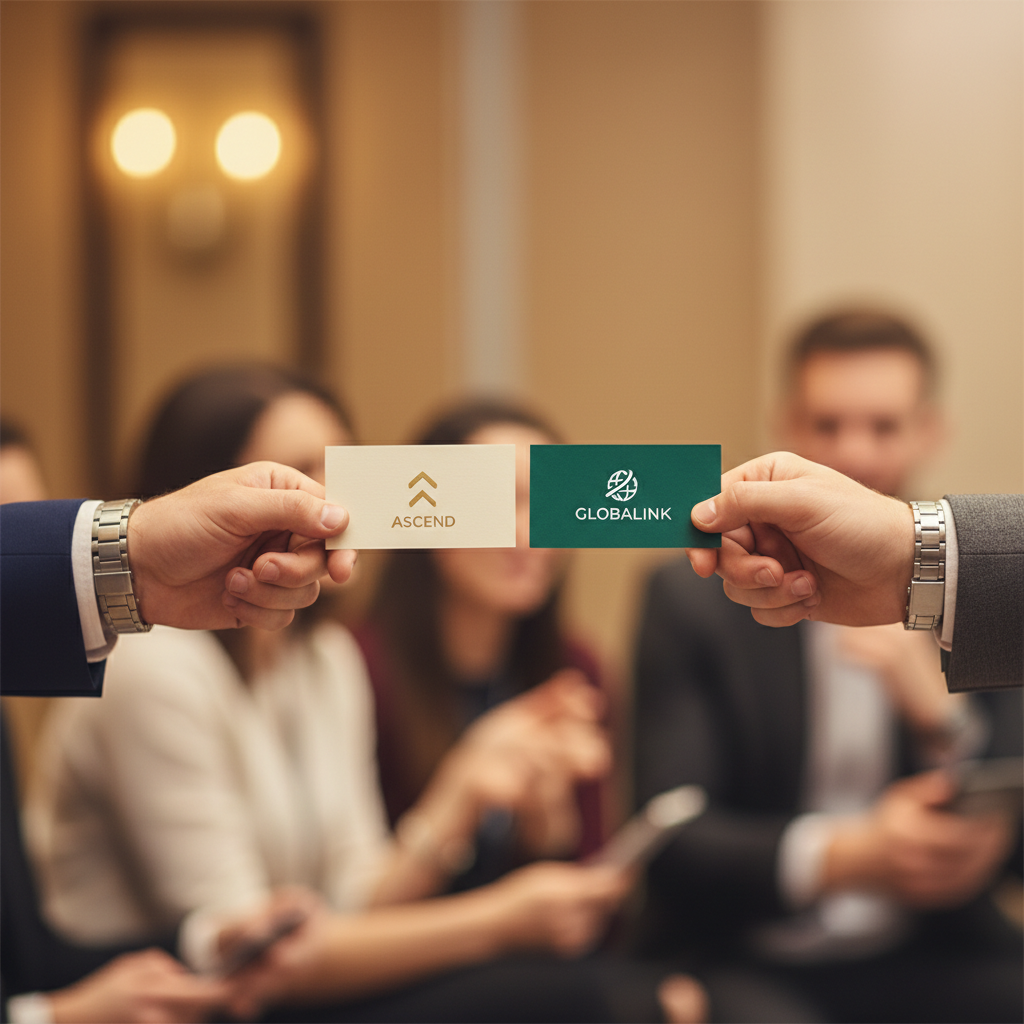 Close-up of two professionals exchanging business cards during networking moment with warm lighting emphasizing hands and cards detail