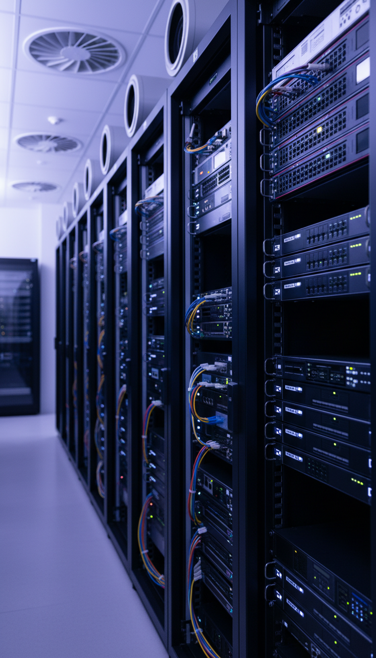 Server room with rows of networking equipment, illuminated LED indicators, and organized cable management supporting high-performance trading infrastructure
