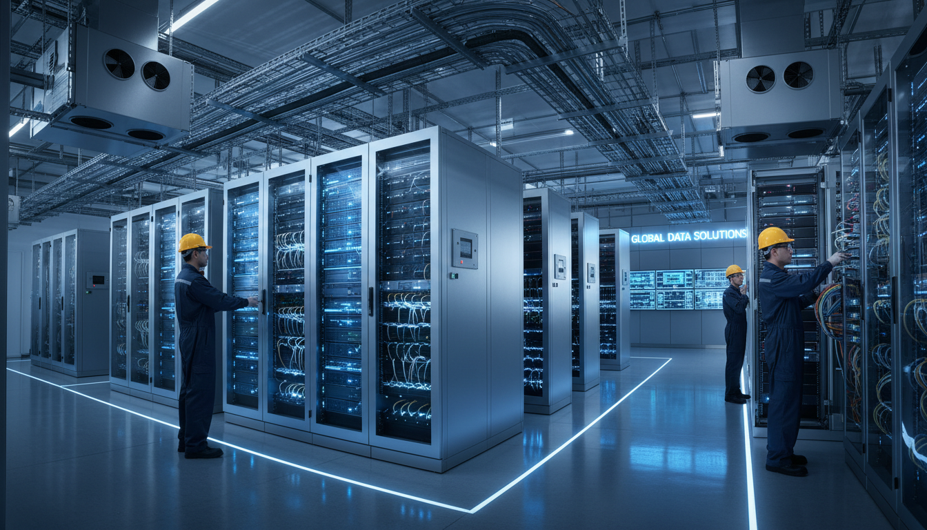 Wide view of modern data center with organized server racks, LED indicators, and technicians monitoring critical systems Wide view of modern data center with organized server racks, LED indicators, and technicians monitoring critical systems