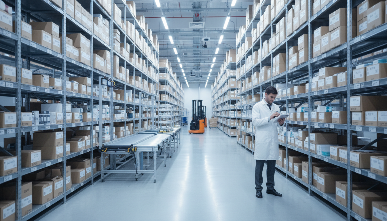 Modern warehouse interior with organized shelving and worker inspecting inventory in bright, professional fulfillment center Modern warehouse interior with organized shelving and worker inspecting inventory in bright, professional fulfillment center
