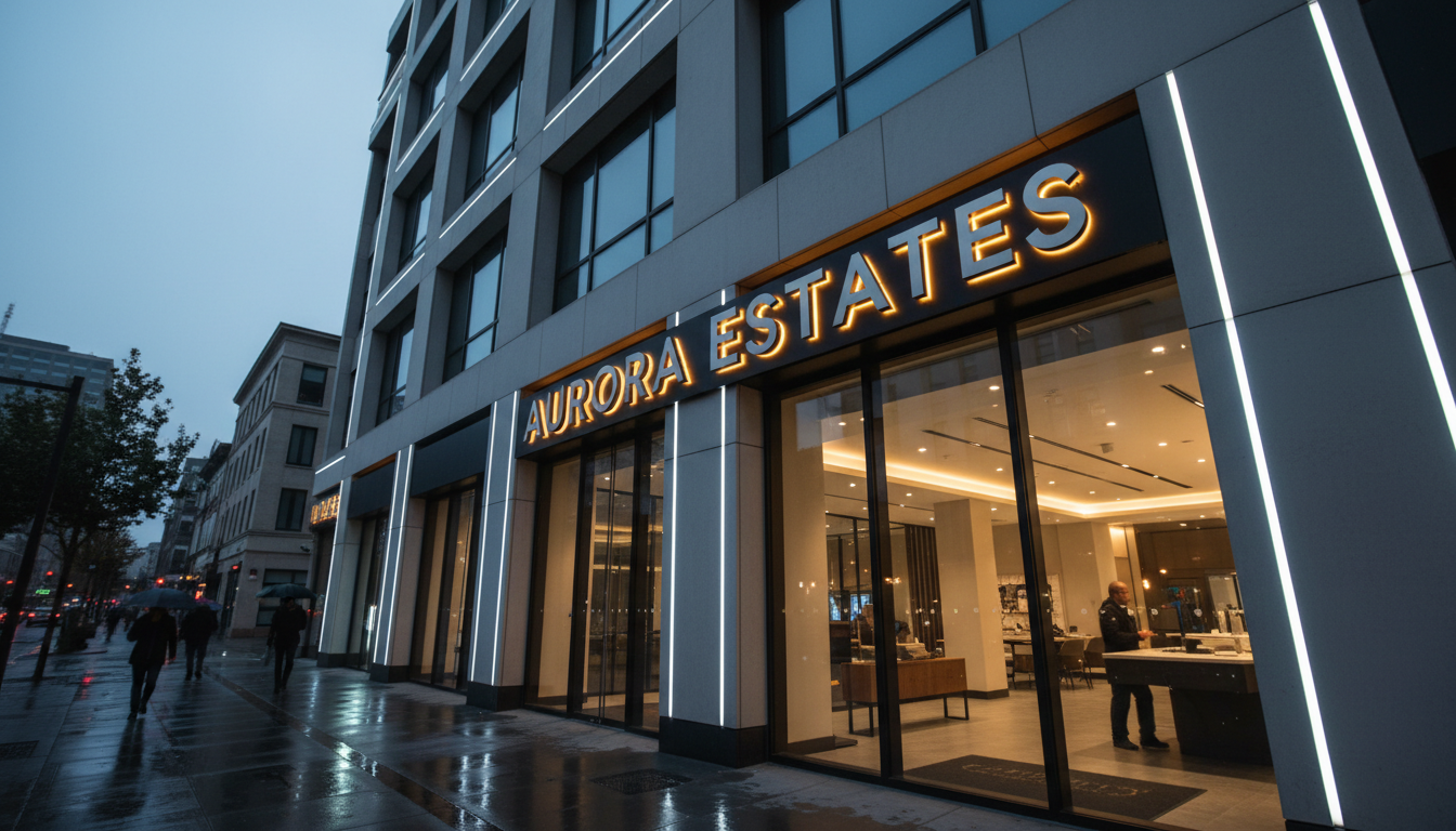 Illuminated 3D LED channel letters glowing on commercial building facade at dusk, showcasing professional signage installation
