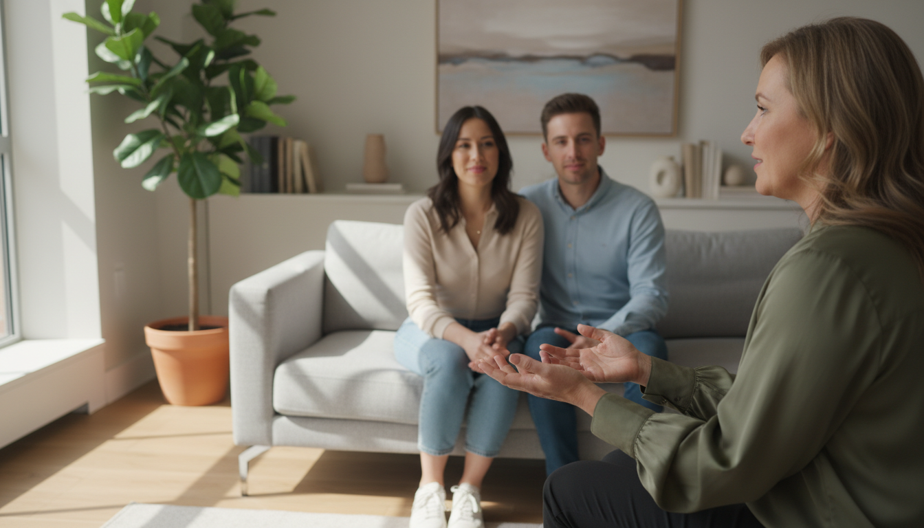 Therapist gesturing expressively during couples counseling session in warm, naturally-lit office space Therapist gesturing expressively during couples counseling session in warm, naturally-lit office space