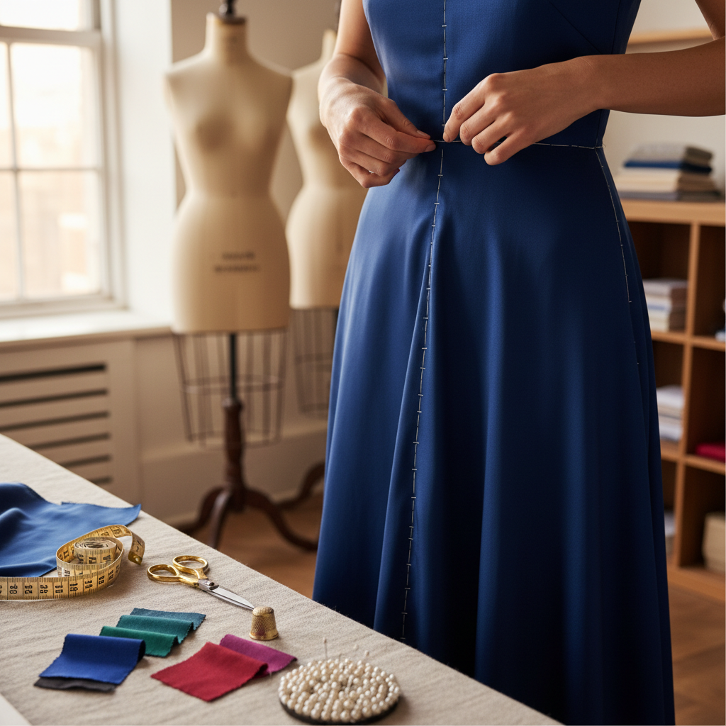 Tailor's hands precisely pinning seam on dress form with fabric swatches and measuring tools nearby Tailor's hands precisely pinning seam on dress form with fabric swatches and measuring tools nearby