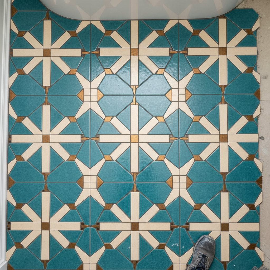 Cracked tiles in Texas are often a symptom of slab movement without a proper isolation membrane. A close up view of a hairline crack running through ceramic floor tiles, indicating foundation movement.