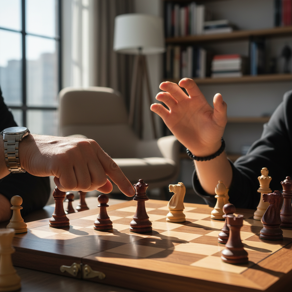 Coach and student hands analyzing chess strategy on wooden board with natural window lighting Coach and student hands analyzing chess strategy on wooden board with natural window lighting